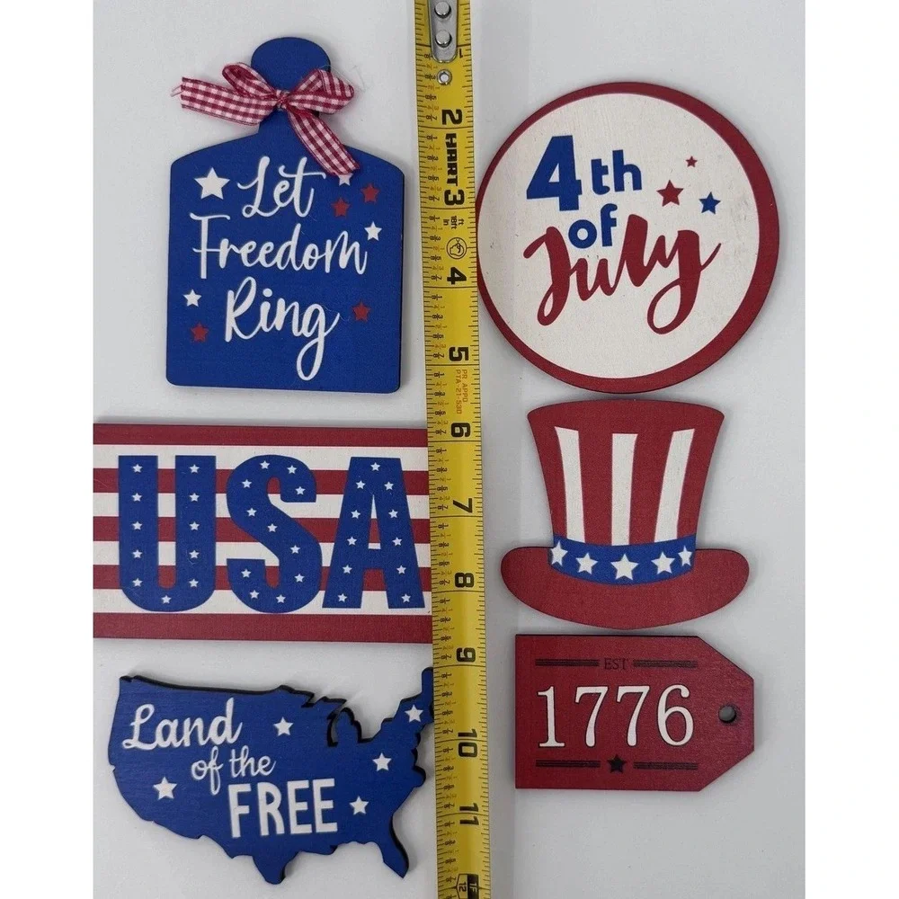 4th Of July Wood Ornaments Decor Set USA Stars Red White Blue Patriotic - Picture 2 of 3